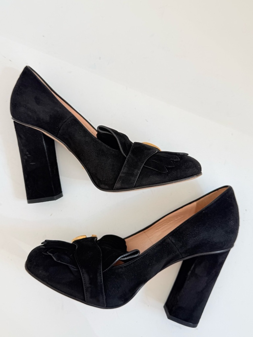Gucci Marmont GG Suede Fringe Block Heel Pumps Black Loafer Heels EU 38.5 - Picture 4 of 9